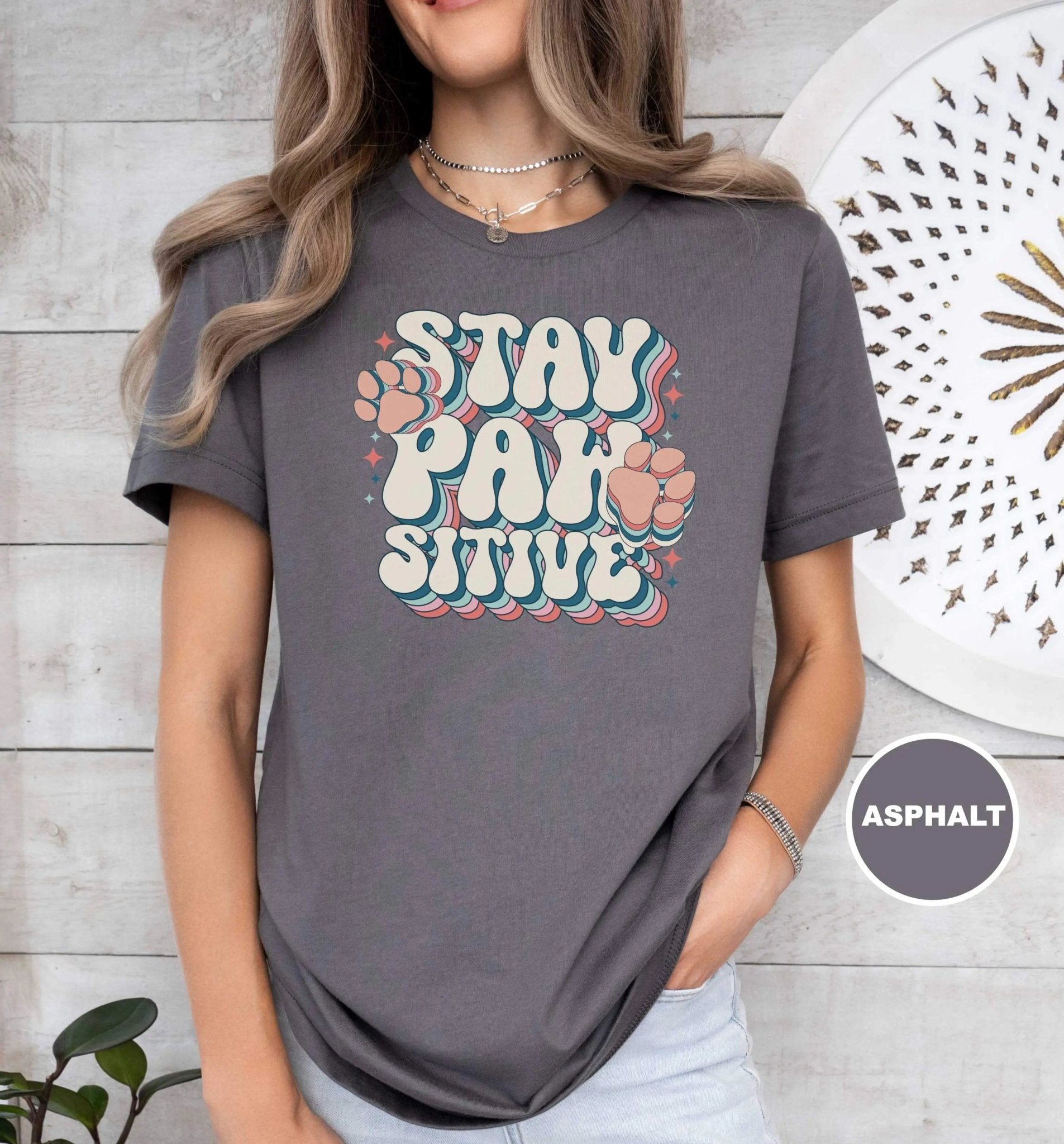 Stay Pawsitive Retro Pink Paw T - Shirt - PET SKETCH STUDIO