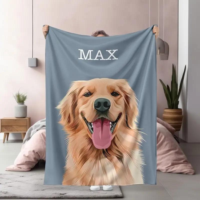 Custom Pet Portrait Blanket featuring a vibrant, full-color print of a cherished pet, ideal for cozying up or home decoration.