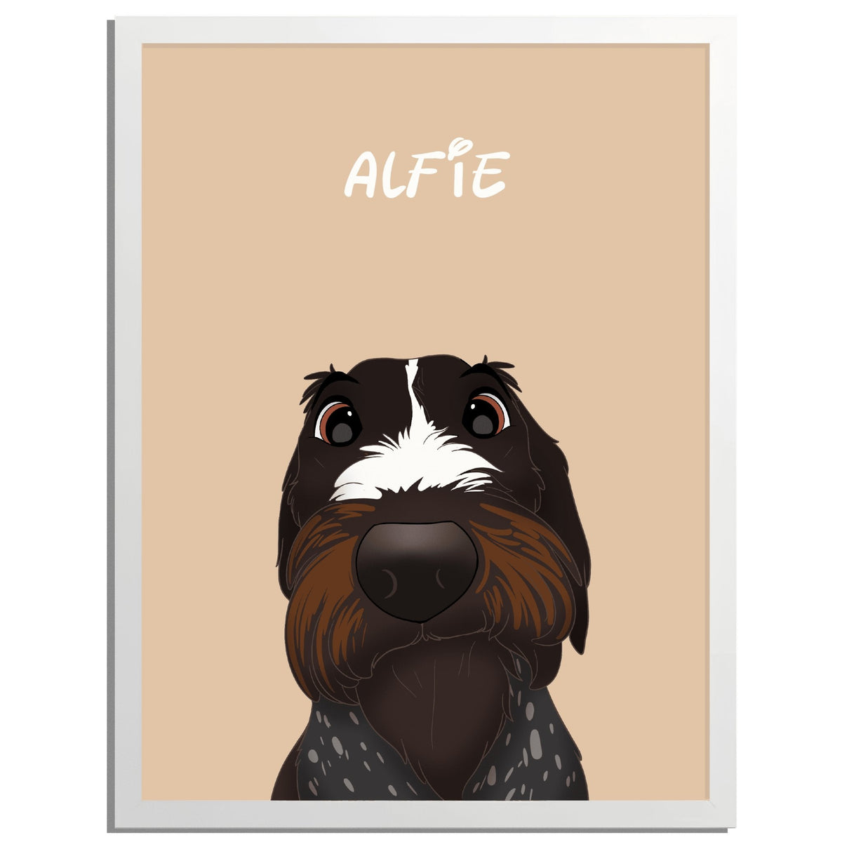 Artistic Framed Pet Print from Custom Pet Portrait One Pet, showcasing a personalized and creative depiction of a beloved pet in a quality frame.